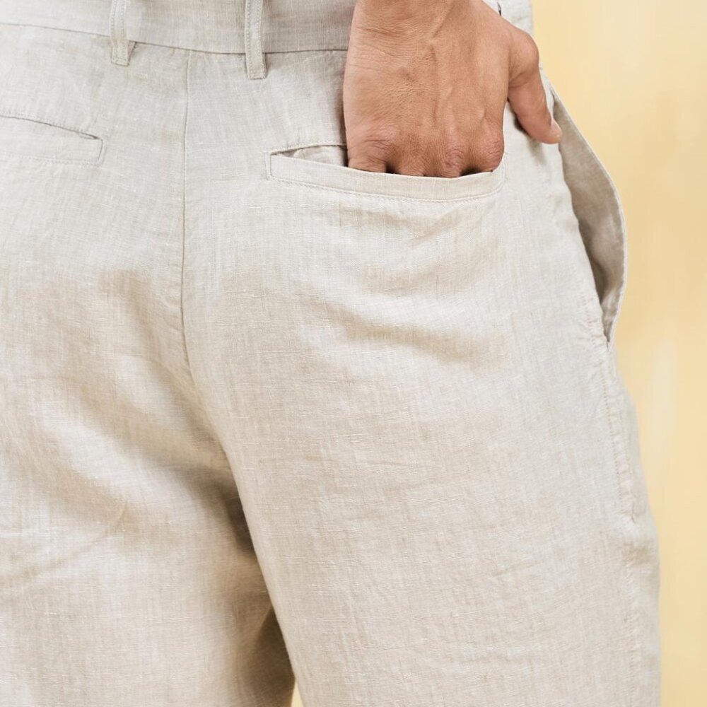 Beige Linen Regular Pants - Picture 3 of 5